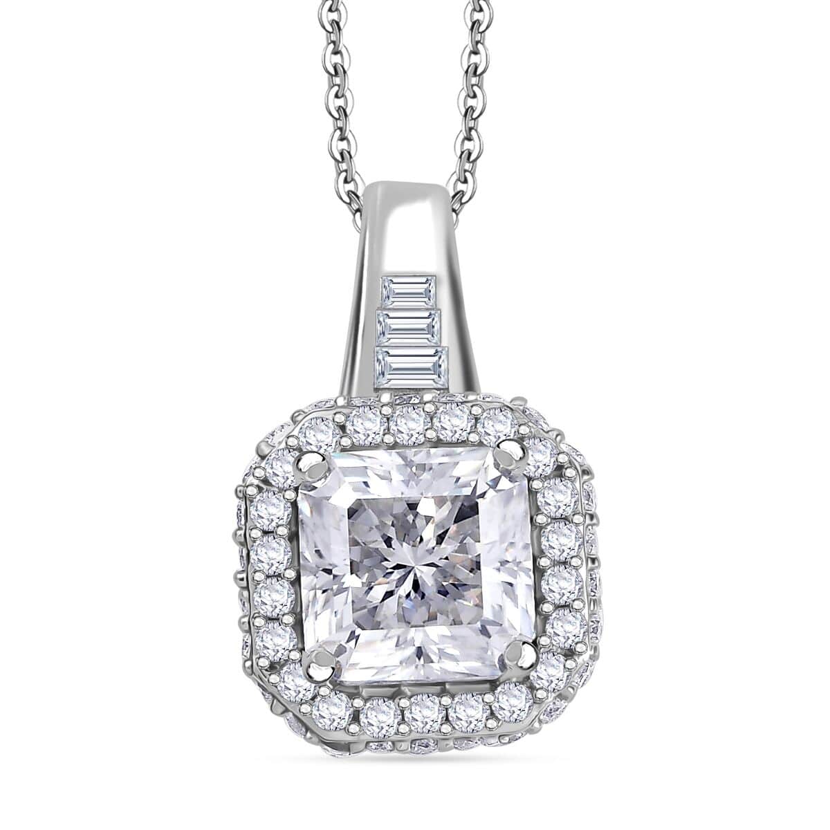 Squartuguese Cut Moissanite 3.65 ctw Halo Pendant Necklace in Rhodium Over Sterling Silver 20 Inches image number 0