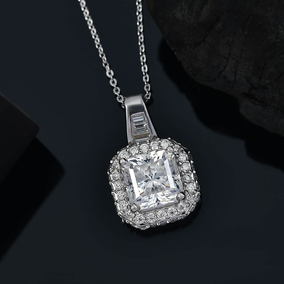 Squartuguese Cut Moissanite 3.65 ctw Halo Pendant Necklace in Rhodium Over Sterling Silver 20 Inches image number 1