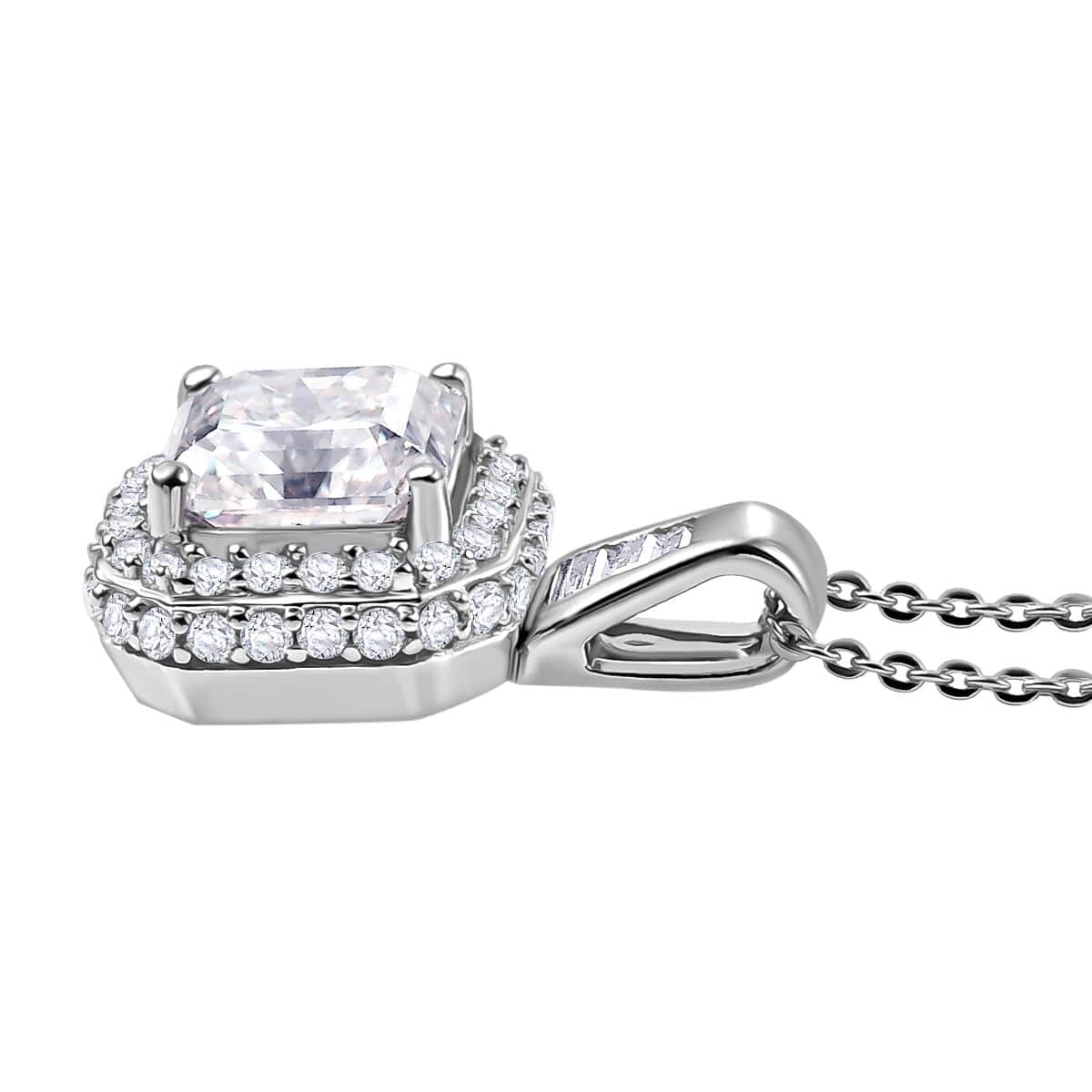 Squartuguese Cut Moissanite 3.65 ctw Halo Pendant Necklace in Rhodium Over Sterling Silver 20 Inches image number 3