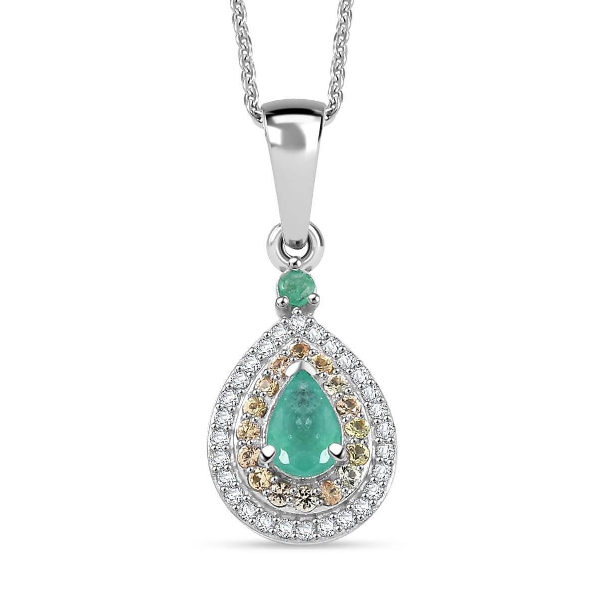 Kagem Zambian Emerald and Multi Gemstone 0.75 ctw Dewdrop Elegance Pendant Necklace in Rhodium Over Sterling Silver 20 Inches image number 0