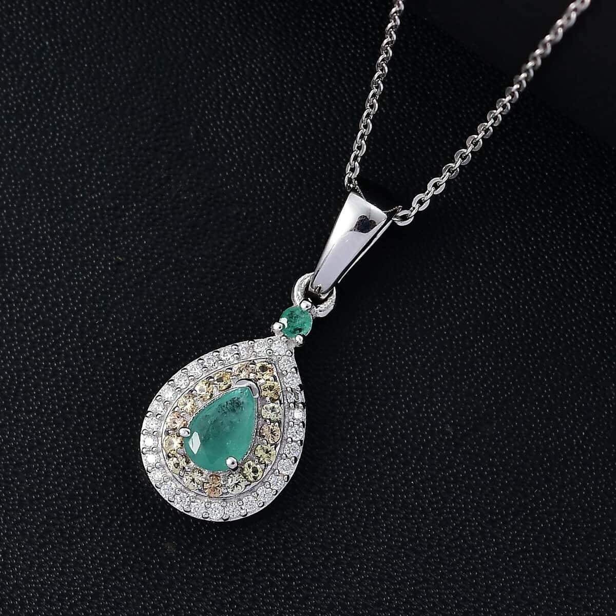 Kagem Zambian Emerald and Multi Gemstone 0.75 ctw Dewdrop Elegance Pendant Necklace in Rhodium Over Sterling Silver 20 Inches image number 1