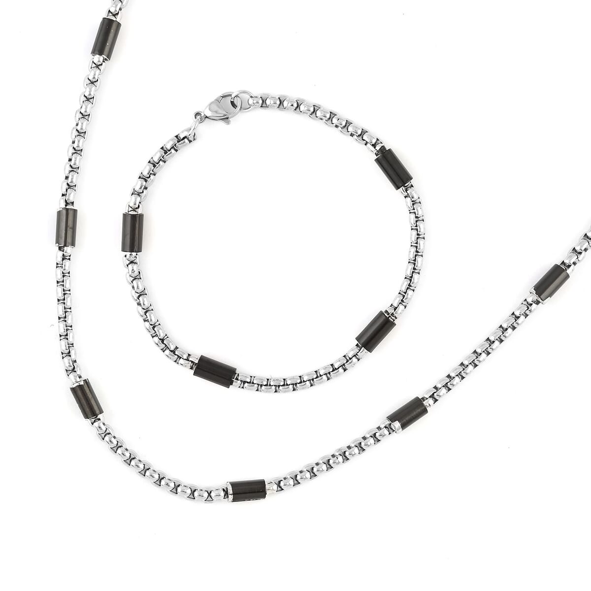 Box Link Necklace 24 Inches and Bracelet in ION Plated Black and Stainless Steel image number 0