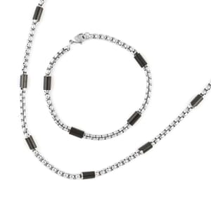 Box Link Necklace 24 Inches and Bracelet (9.00In) ION Plated Black and Stainless Steel