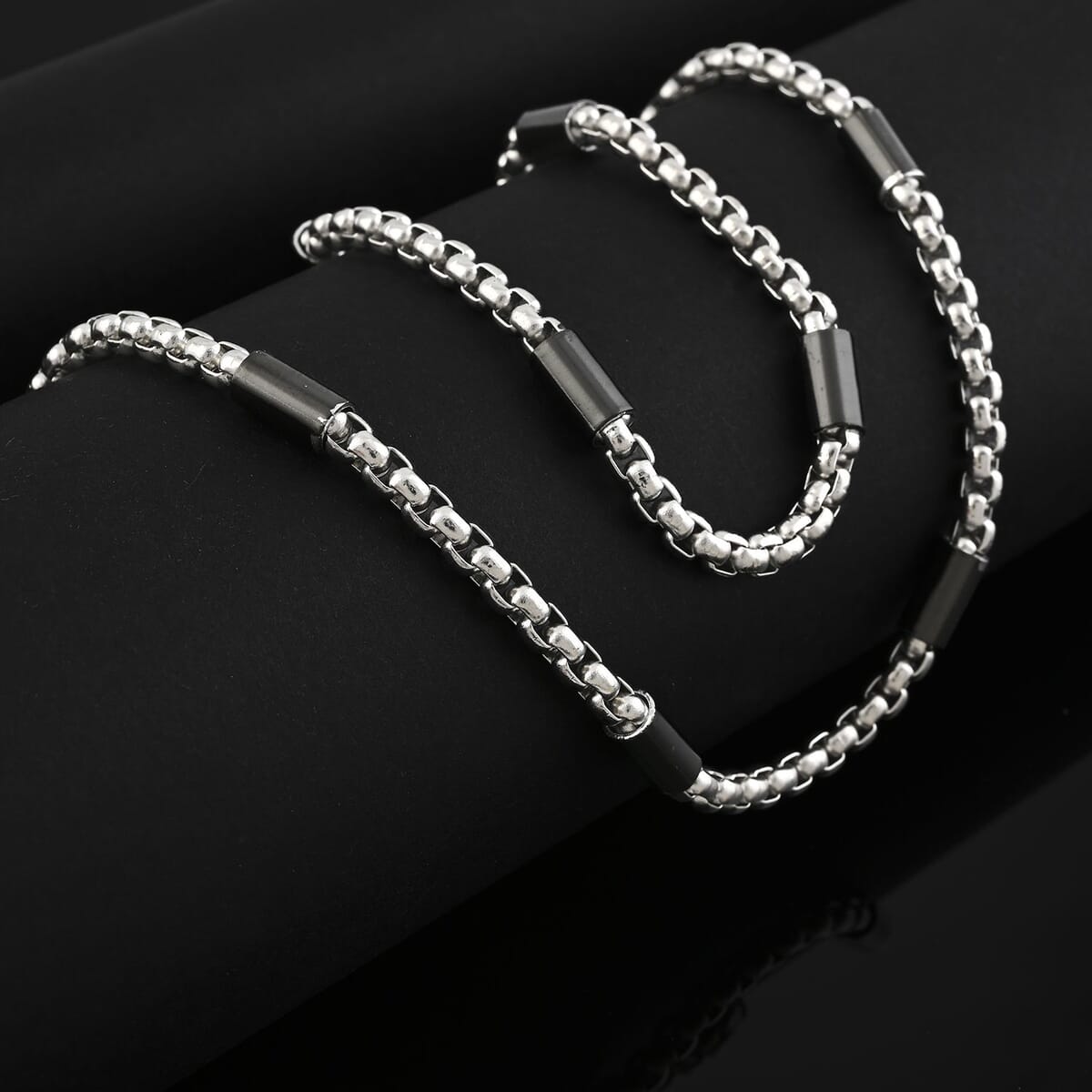 Box Link Necklace 24 Inches and Bracelet in ION Plated Black and Stainless Steel image number 1