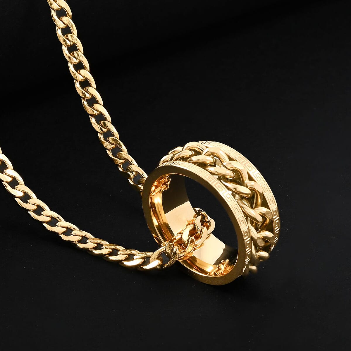 Chain Necklace (24 Inches) and Ring (Size 9.0) in ION Plated YG Stainless Steel image number 1