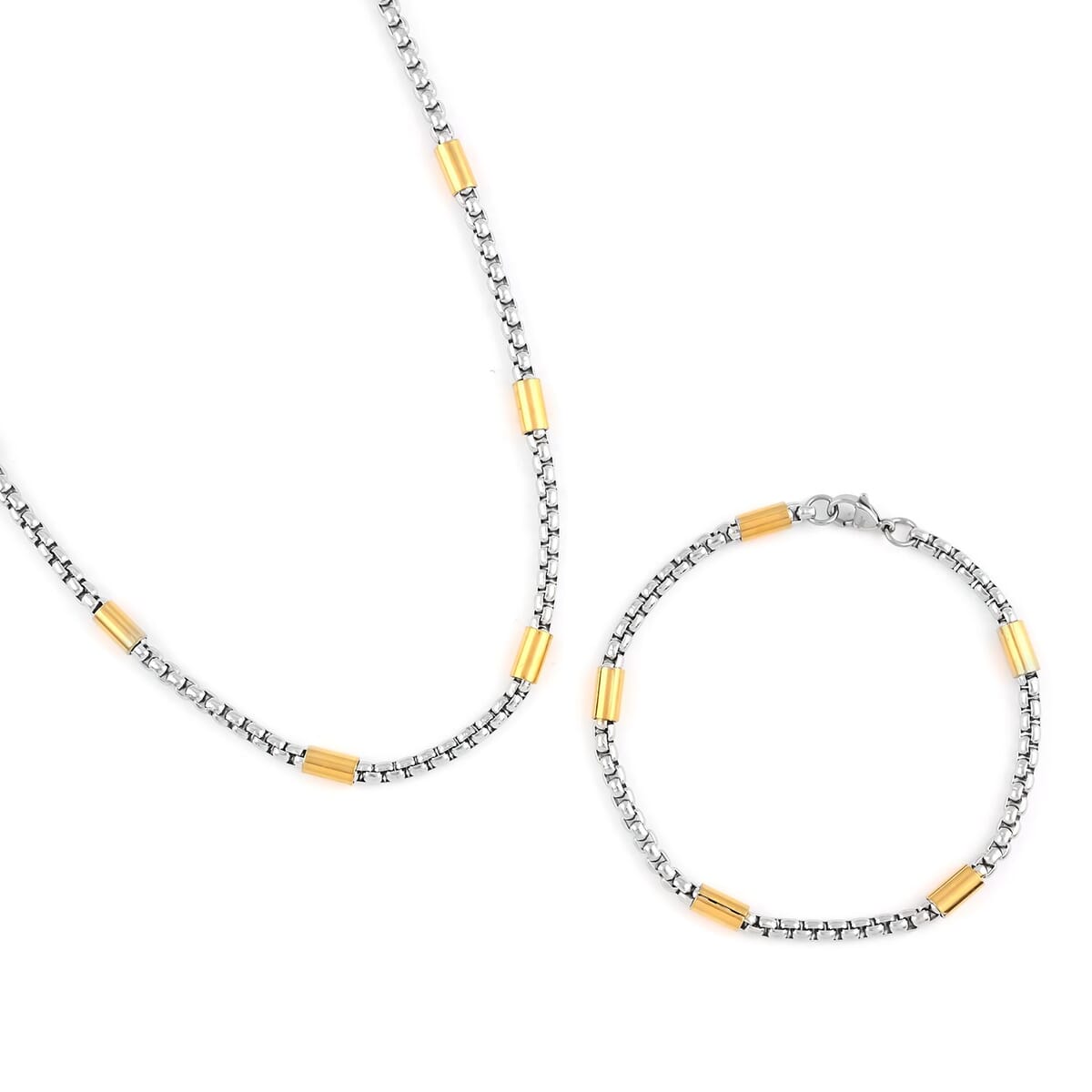 Box Link Chain Necklace 24 Inches and Bracelet (9.00In) in ION Plated YG and Stainless Steel image number 0