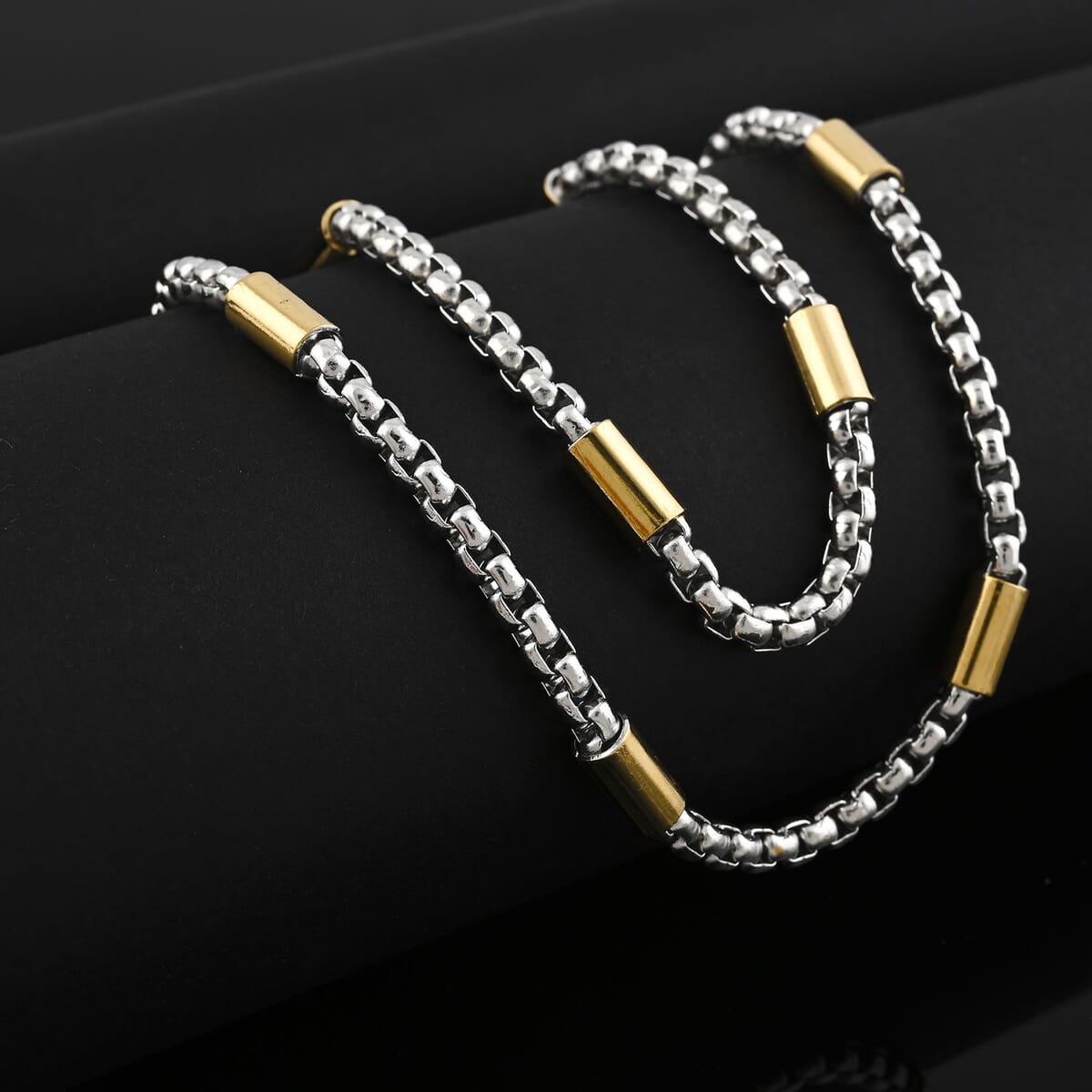 Box Link Chain Necklace 24 Inches and Bracelet (9.00In) in ION Plated YG and Stainless Steel image number 1