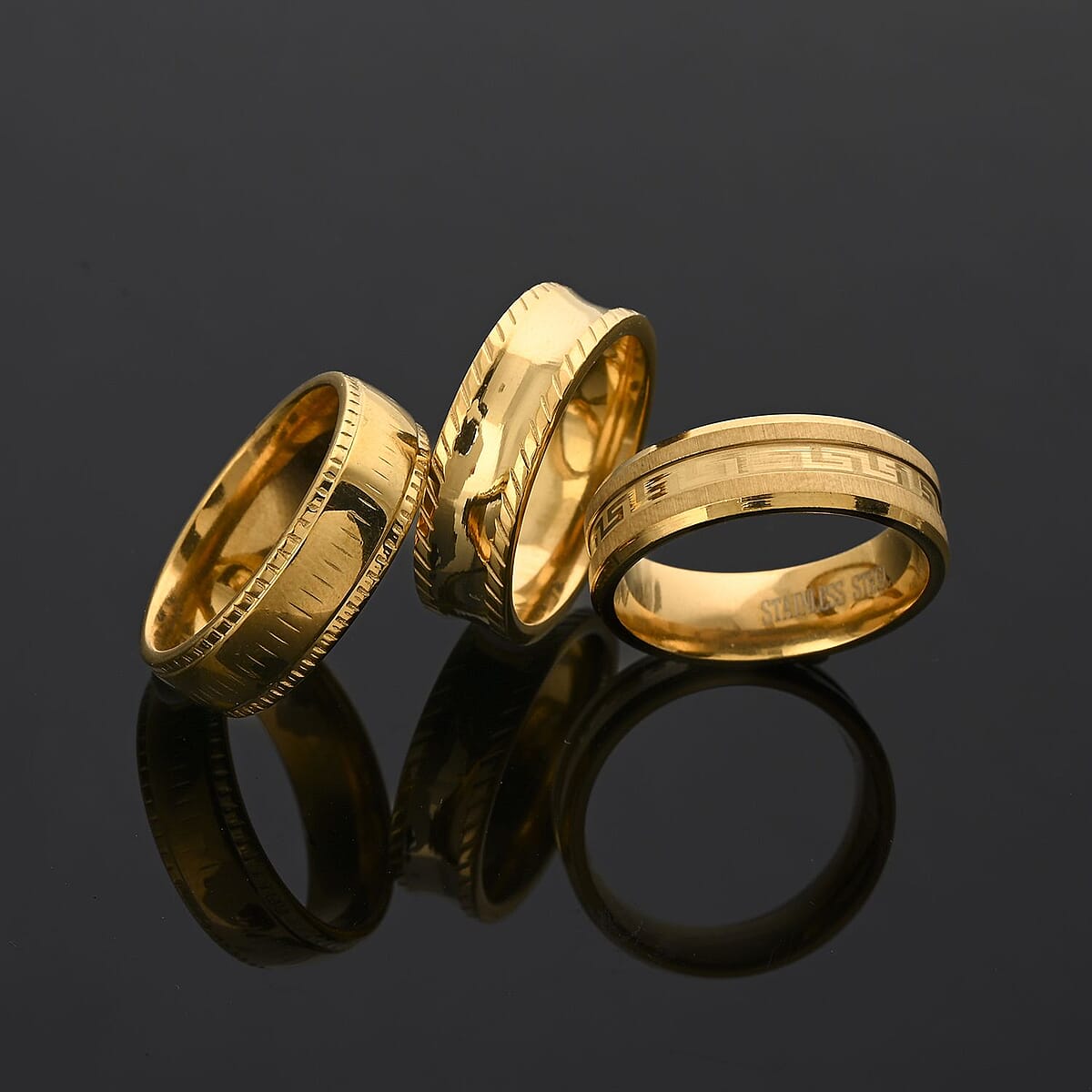 Set of 3 Texture Band Ring in ION Plated YG Stainless Steel (Size 8.0) image number 1