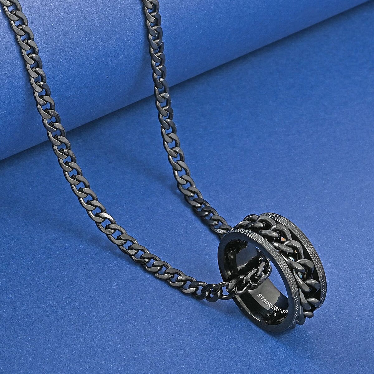Chain Necklace (24 Inches) and Ring (Size 7.0) in ION Plated Black Stainless Steel image number 1