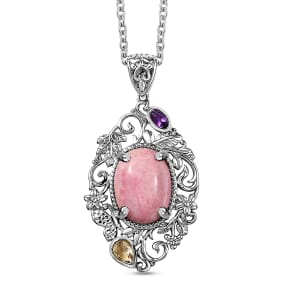 Karis Rhodonite and Multi Gemstone 15.15 ctw Pendant in Platinum Bond with Stainless Steel Necklace (20 Inches)