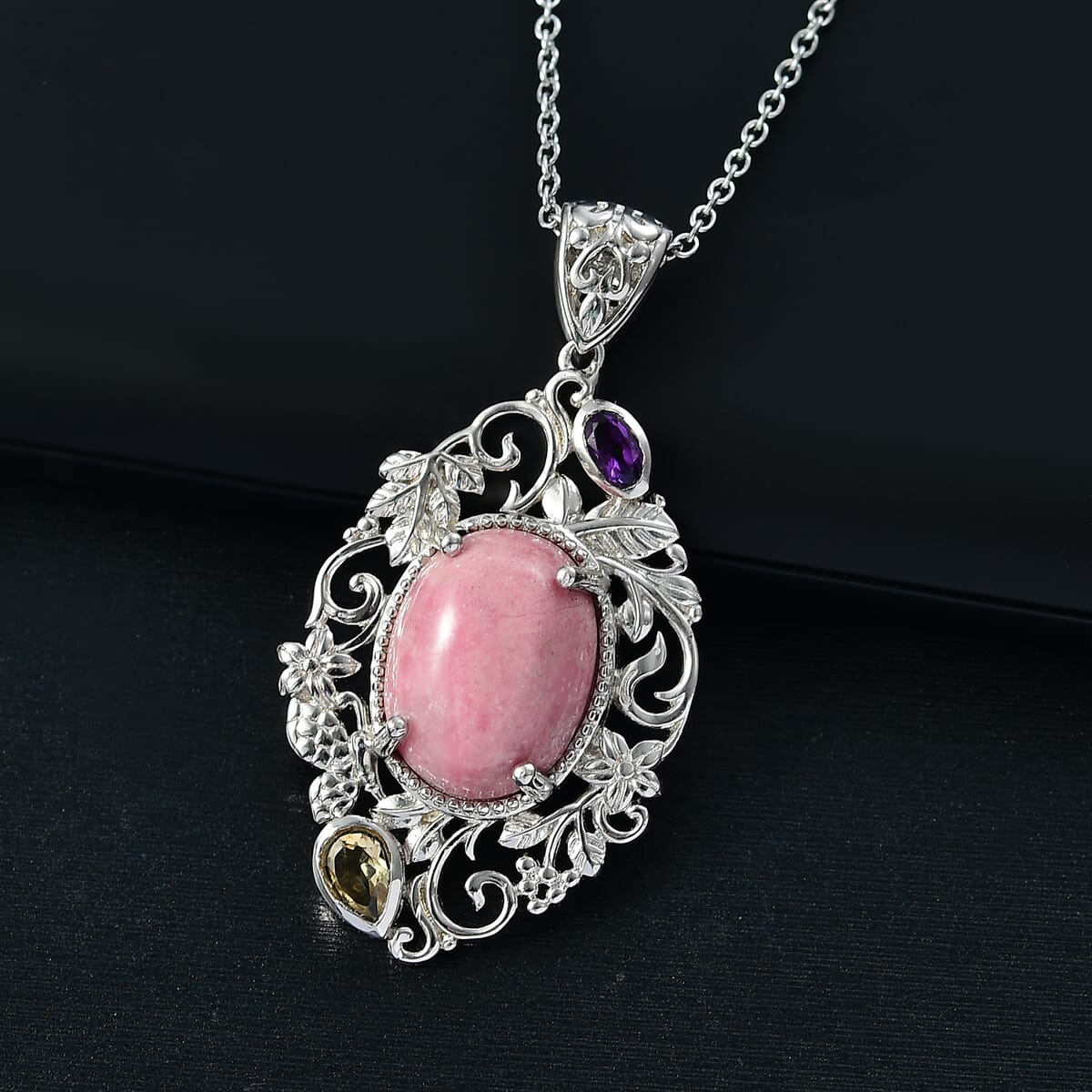 Karis Rhodonite and Multi Gemstone 15.15 ctw Pendant in Platinum Bond with Stainless Steel Necklace (20 Inches) image number 1