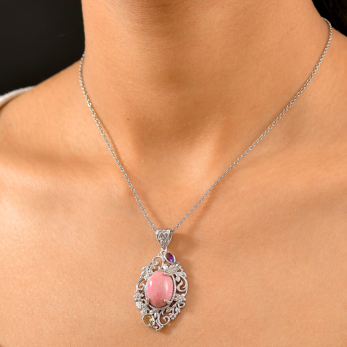 Karis Rhodonite and Multi Gemstone 15.15 ctw Pendant in Platinum Bond with Stainless Steel Necklace (20 Inches) image number 2