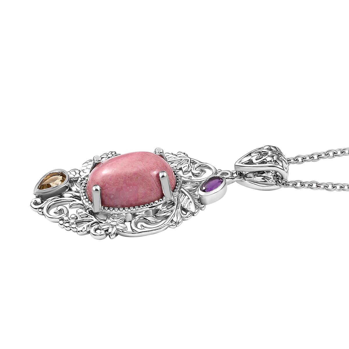 Karis Rhodonite and Multi Gemstone 15.15 ctw Pendant in Platinum Bond with Stainless Steel Necklace (20 Inches) image number 3