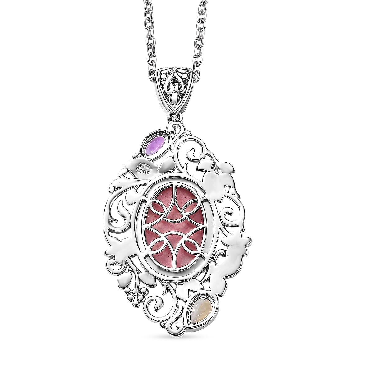 Karis Rhodonite and Multi Gemstone 15.15 ctw Pendant in Platinum Bond with Stainless Steel Necklace (20 Inches)