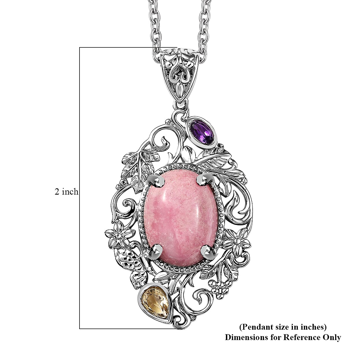 Karis Rhodonite and Multi Gemstone 15.15 ctw Pendant in Platinum Bond with Stainless Steel Necklace (20 Inches)