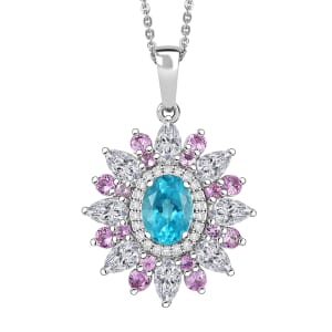 Premium Betroka Blue Apatite and Multi Gemstone 3.75 ctw Floral Pendant Necklace in Rhodium Over Sterling Silver 20 Inches