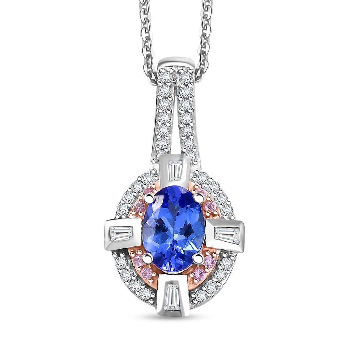 AAA Tanzanite and Multi Gemstone 1.15 ctw Art Deco Pendant Necklace in 14K RG and Rhodium Over Sterling Silver 20 Inches image number 0