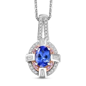 AAA Tanzanite and Multi Gemstone 1.15 ctw Art Deco Pendant Necklace in 14K RG and Rhodium Over Sterling Silver 20 Inches