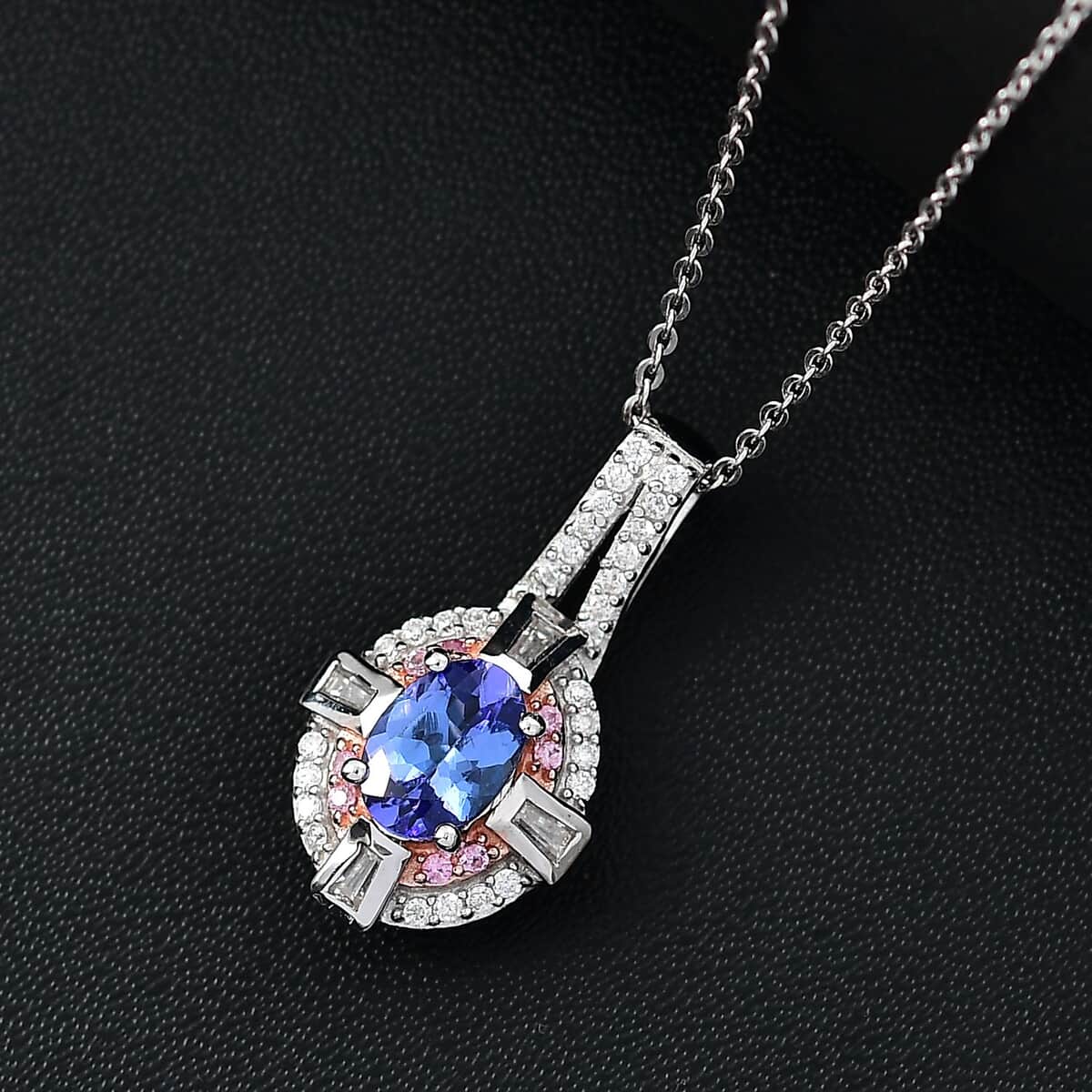 AAA Tanzanite and Multi Gemstone 1.15 ctw Art Deco Pendant Necklace in 14K RG and Rhodium Over Sterling Silver 20 Inches image number 1