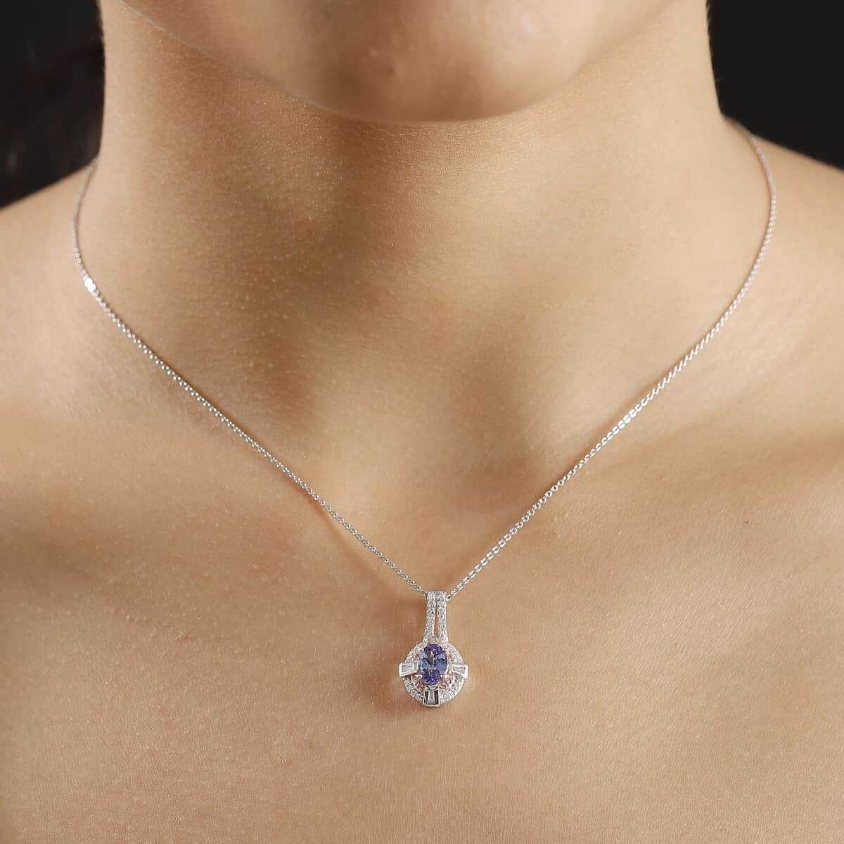 AAA Tanzanite and Multi Gemstone 1.15 ctw Art Deco Pendant Necklace in 14K RG and Rhodium Over Sterling Silver 20 Inches image number 2