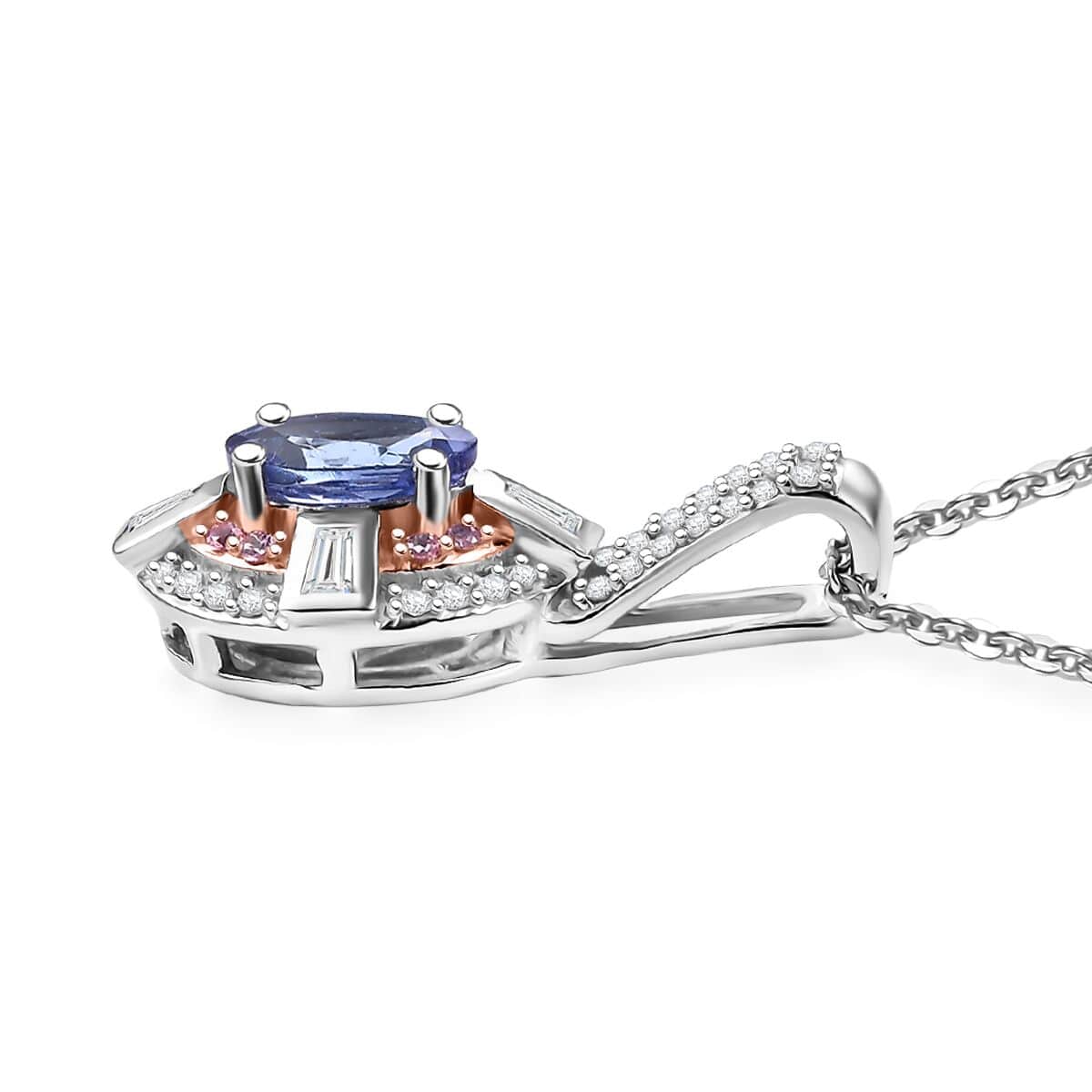 AAA Tanzanite and Multi Gemstone 1.15 ctw Art Deco Pendant Necklace in 14K RG and Rhodium Over Sterling Silver 20 Inches image number 3