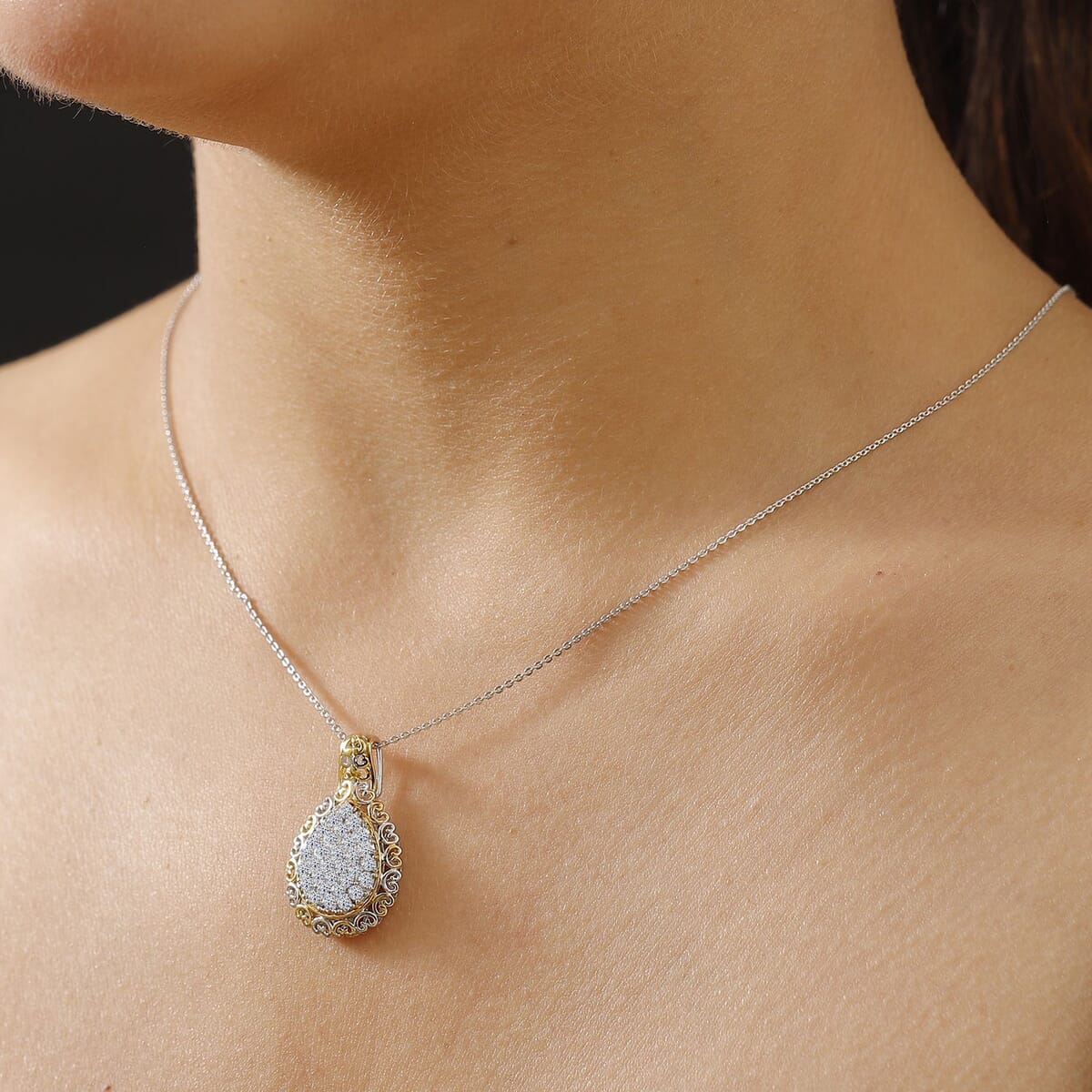 Luxuriant Lab Grown Diamond G-H SI 1.00 ctw Pear Shape Pendant Necklace in 18K Vermeil YG and Rhodium Over Sterling Silver 20 Inches image number 2