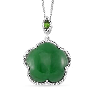 Green Jade(D) and Chrome Diopside 16.00 ctw Cherry Blossom Pendant Necklace in Rhodium Over Sterling Silver 18 Inches