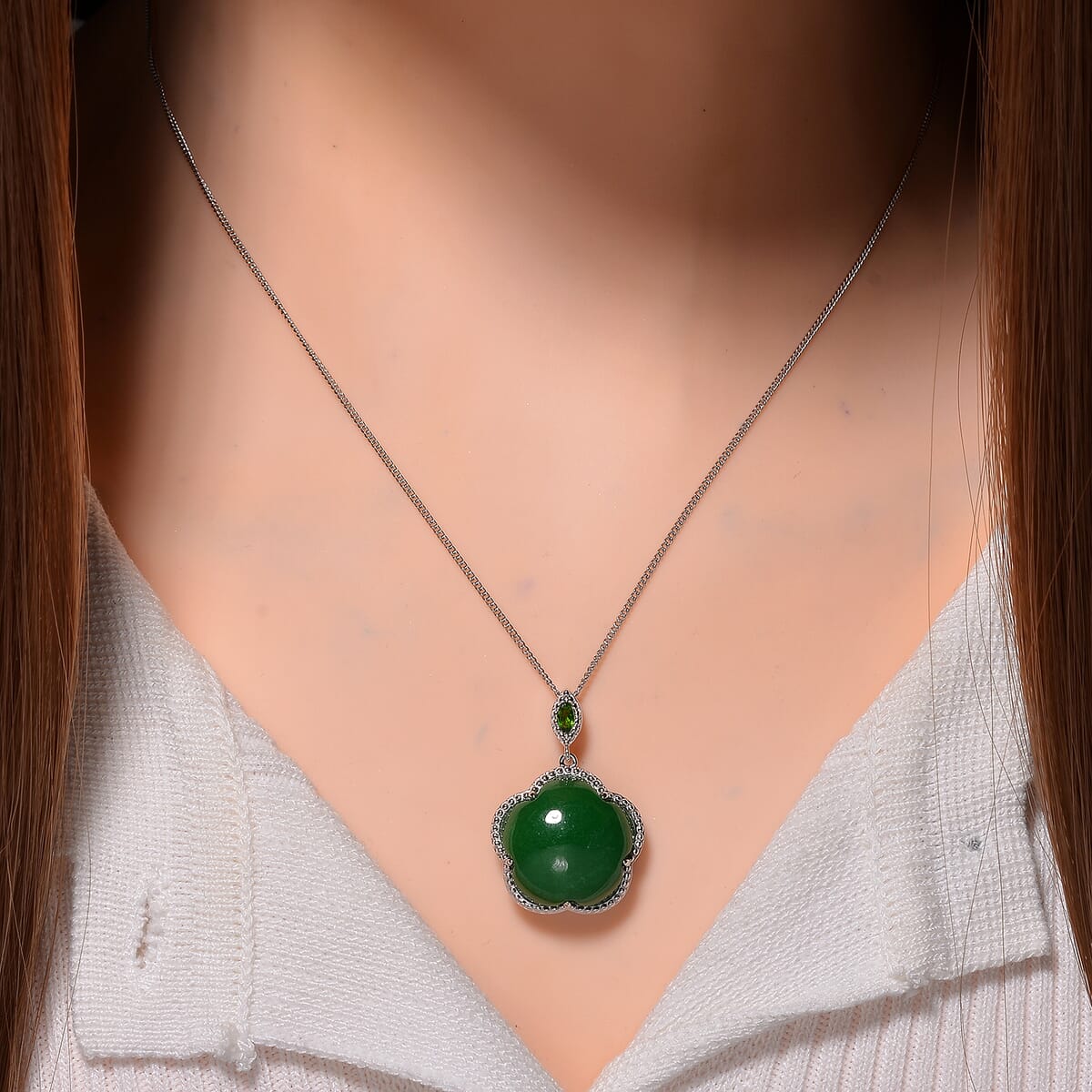 Green Jade(D) and Chrome Diopside 16.00 ctw Cherry Blossom Pendant Necklace in Rhodium Over Sterling Silver 18 Inches image number 1