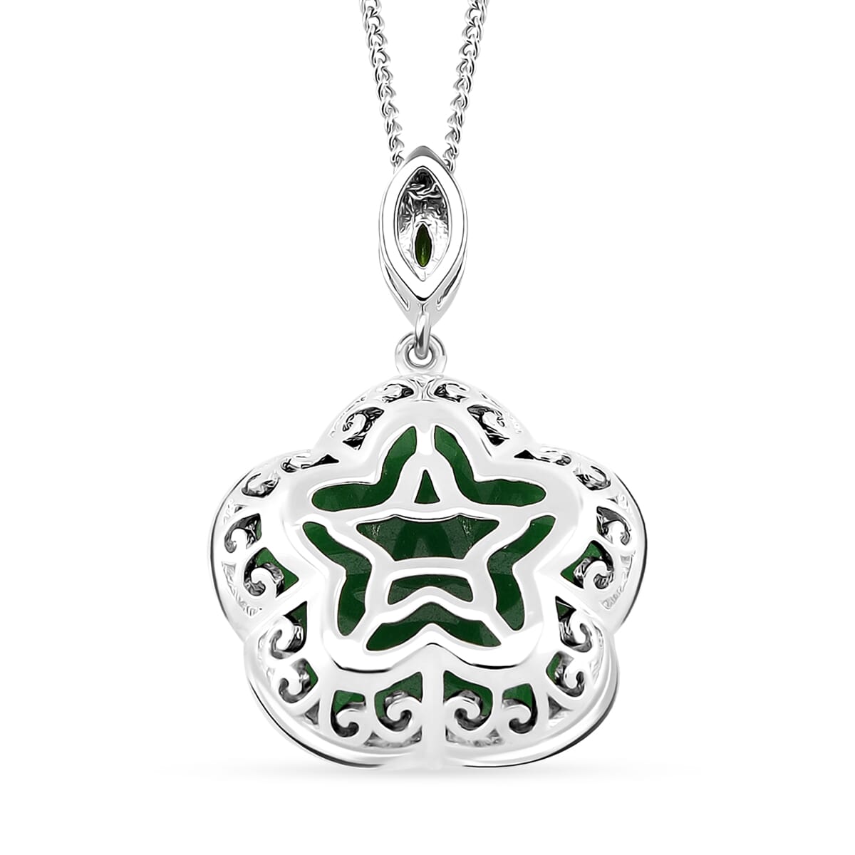 Green Jade(D) and Chrome Diopside 16.00 ctw Cherry Blossom Pendant Necklace in Rhodium Over Sterling Silver 18 Inches image number 3