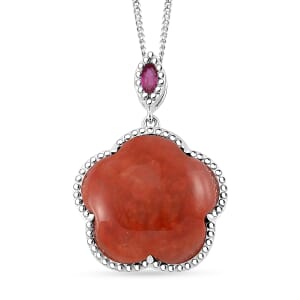 Red Jade(D) and Niassa Ruby (FF) 16.30 ctw Cherry Blossom Pendant Necklace in Rhodium Over Sterling Silver 18 Inches