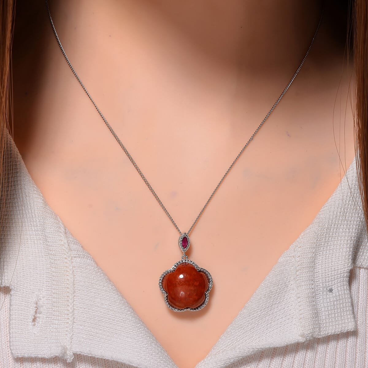 Red Jade(D) and Niassa Ruby (FF) 16.30 ctw Cherry Blossom Pendant Necklace in Rhodium Over Sterling Silver 18 Inches image number 1
