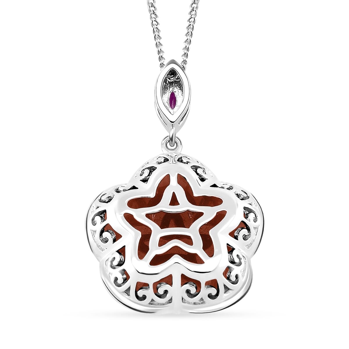 Red Jade(D) and Niassa Ruby (FF) 16.30 ctw Cherry Blossom Pendant Necklace in Rhodium Over Sterling Silver 18 Inches image number 3