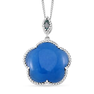 Blue Jade(D) and Betroka Blue Apatite 16.25 ctw Cherry Blossom Pendant Necklace in Rhodium Over Sterling Silver 18 Inches