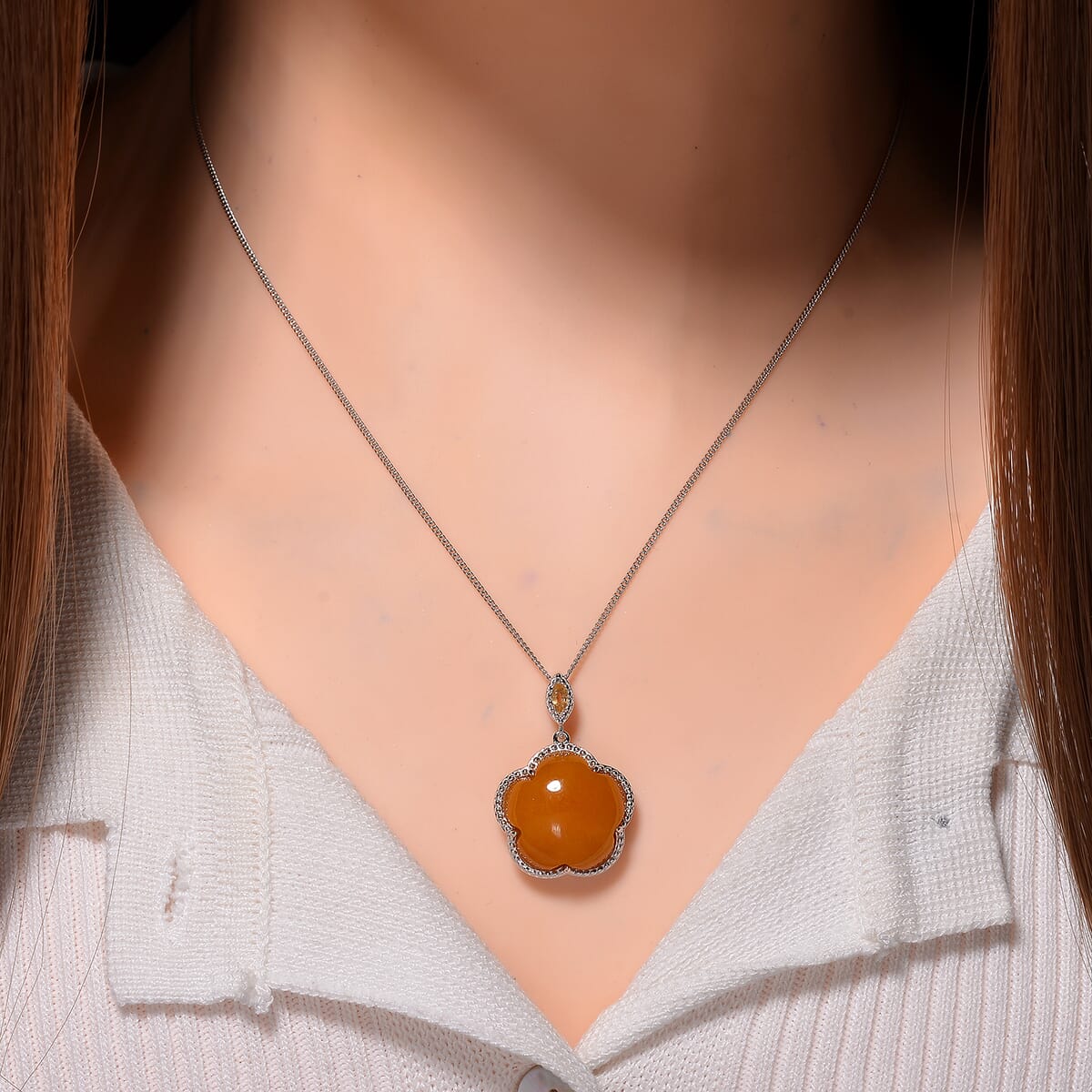 Yellow Jade(D) and Brazilian Citrine 15.80 ctw Cherry Blossom Pendant Necklace in Rhodium Over Sterling Silver 18 Inches image number 1