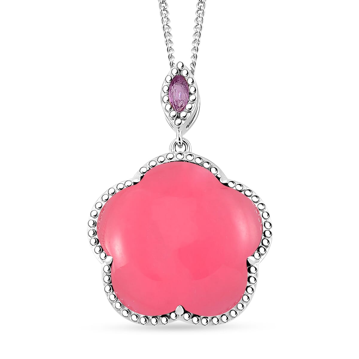 Pink Jade(D) and Pink Sapphire(FF) 15.00 ctw Cherry Blossom Pendant Necklace in Rhodium Over Sterling Silver 18 Inches image number 0