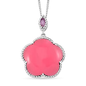 Pink Jade(D) and Pink Sapphire(FF) 15.00 ctw Cherry Blossom Pendant Necklace in Rhodium Over Sterling Silver 18 Inches