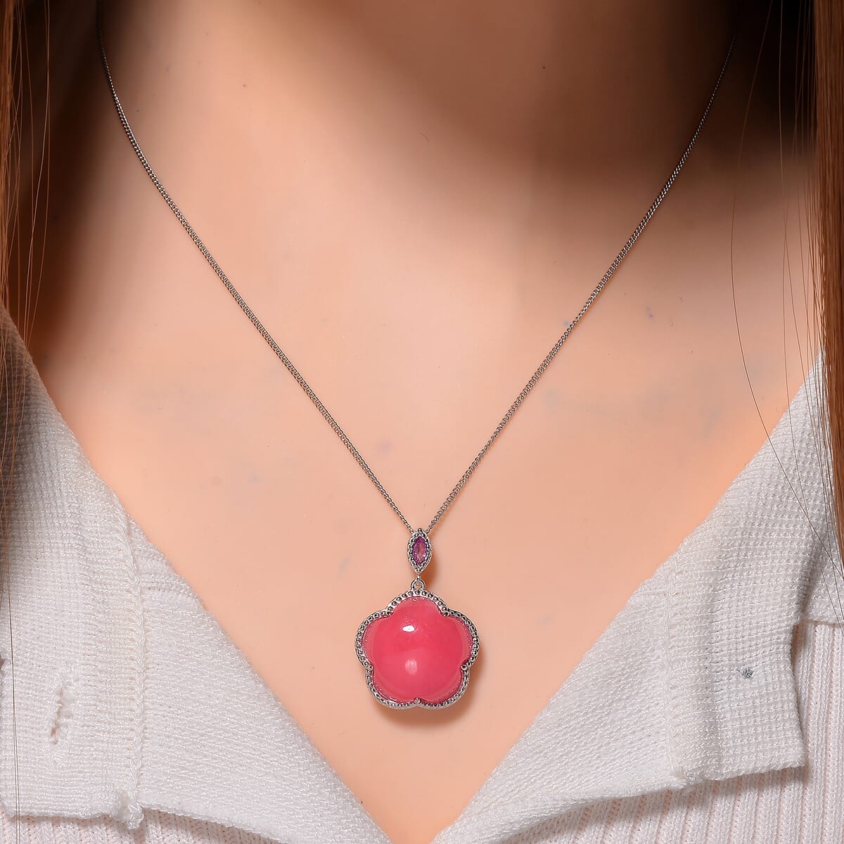 Pink Jade(D) and Pink Sapphire(FF) 15.00 ctw Cherry Blossom Pendant Necklace in Rhodium Over Sterling Silver 18 Inches image number 1
