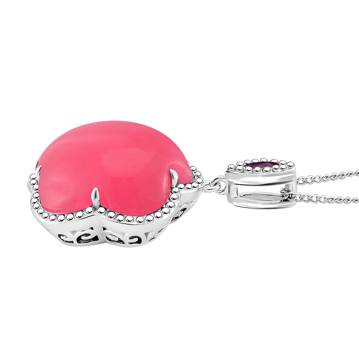 Pink Jade(D) and Pink Sapphire(FF) 15.00 ctw Cherry Blossom Pendant Necklace in Rhodium Over Sterling Silver 18 Inches image number 2