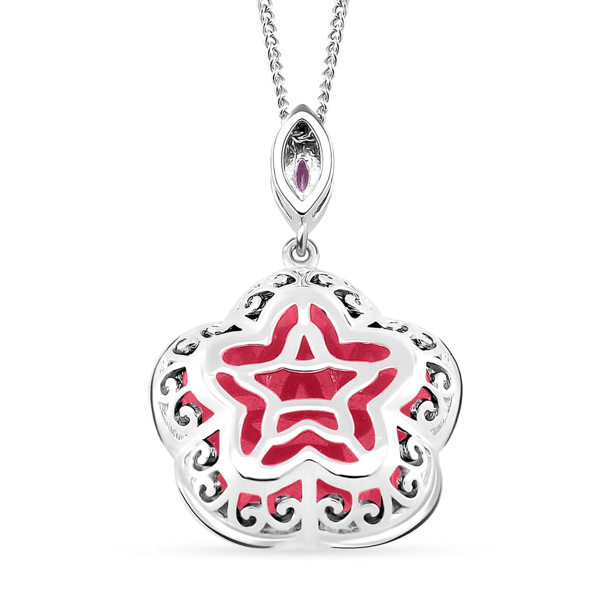 Pink Jade(D) and Pink Sapphire(FF) 15.00 ctw Cherry Blossom Pendant Necklace in Rhodium Over Sterling Silver 18 Inches image number 3