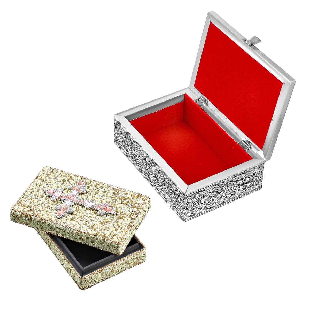  Set Of 2 Silver & White Nesting Storage Cross Embossed Aluminium Oxidized & Bling Box image number 0
