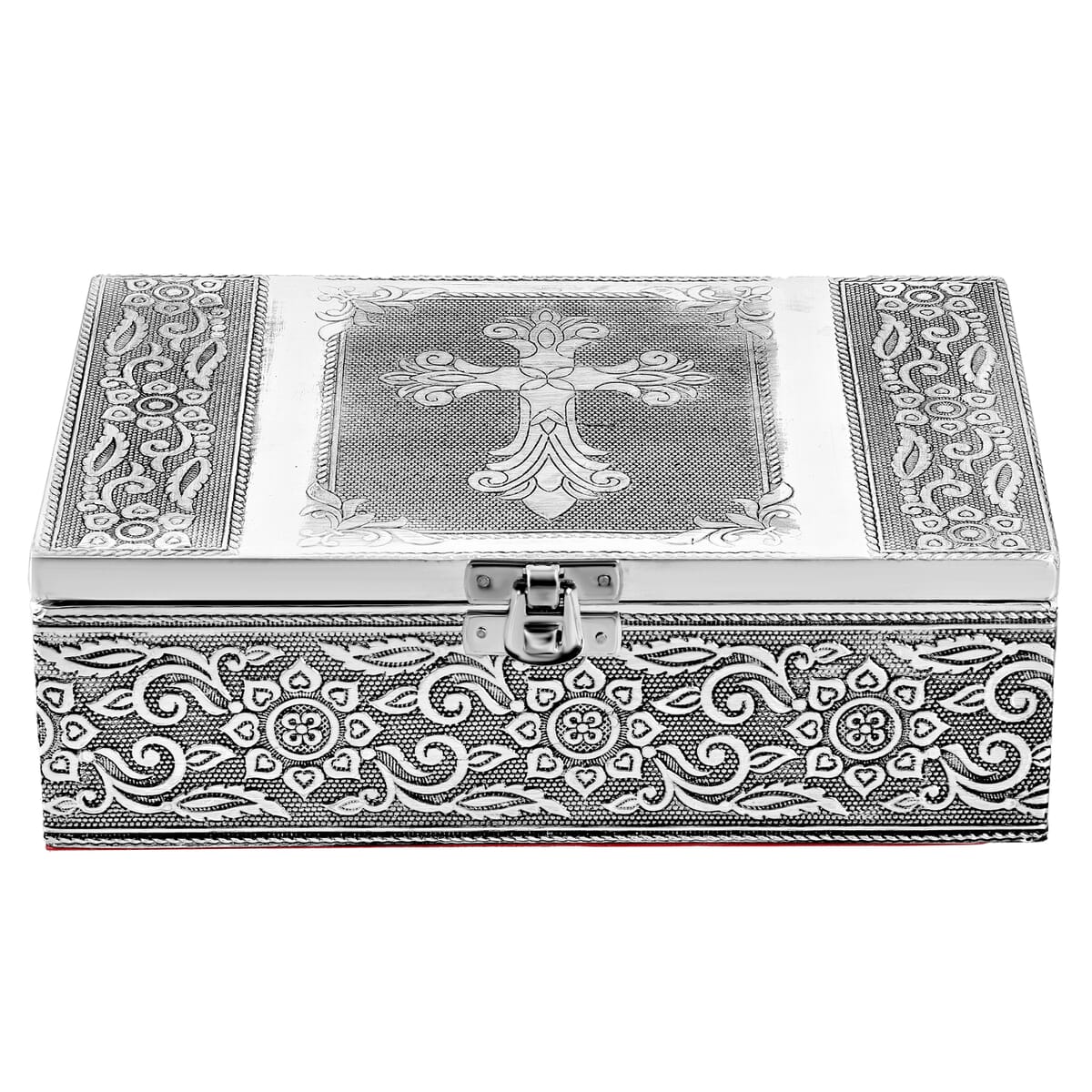  Set Of 2 Silver & White Nesting Storage Cross Embossed Aluminium Oxidized & Bling Box image number 1