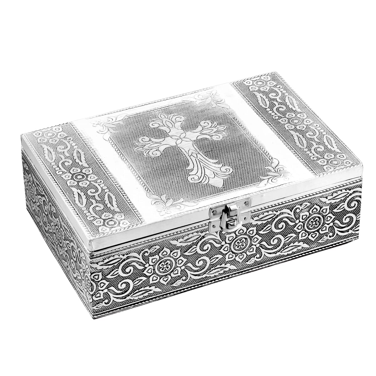  Set Of 2 Silver & White Nesting Storage Cross Embossed Aluminium Oxidized & Bling Box image number 2
