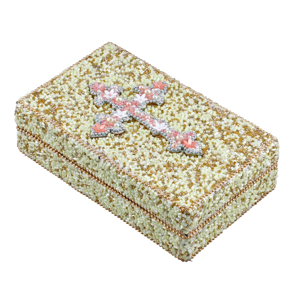  Set Of 2 Silver & White Nesting Storage Cross Embossed Aluminium Oxidized & Bling Box image number 4