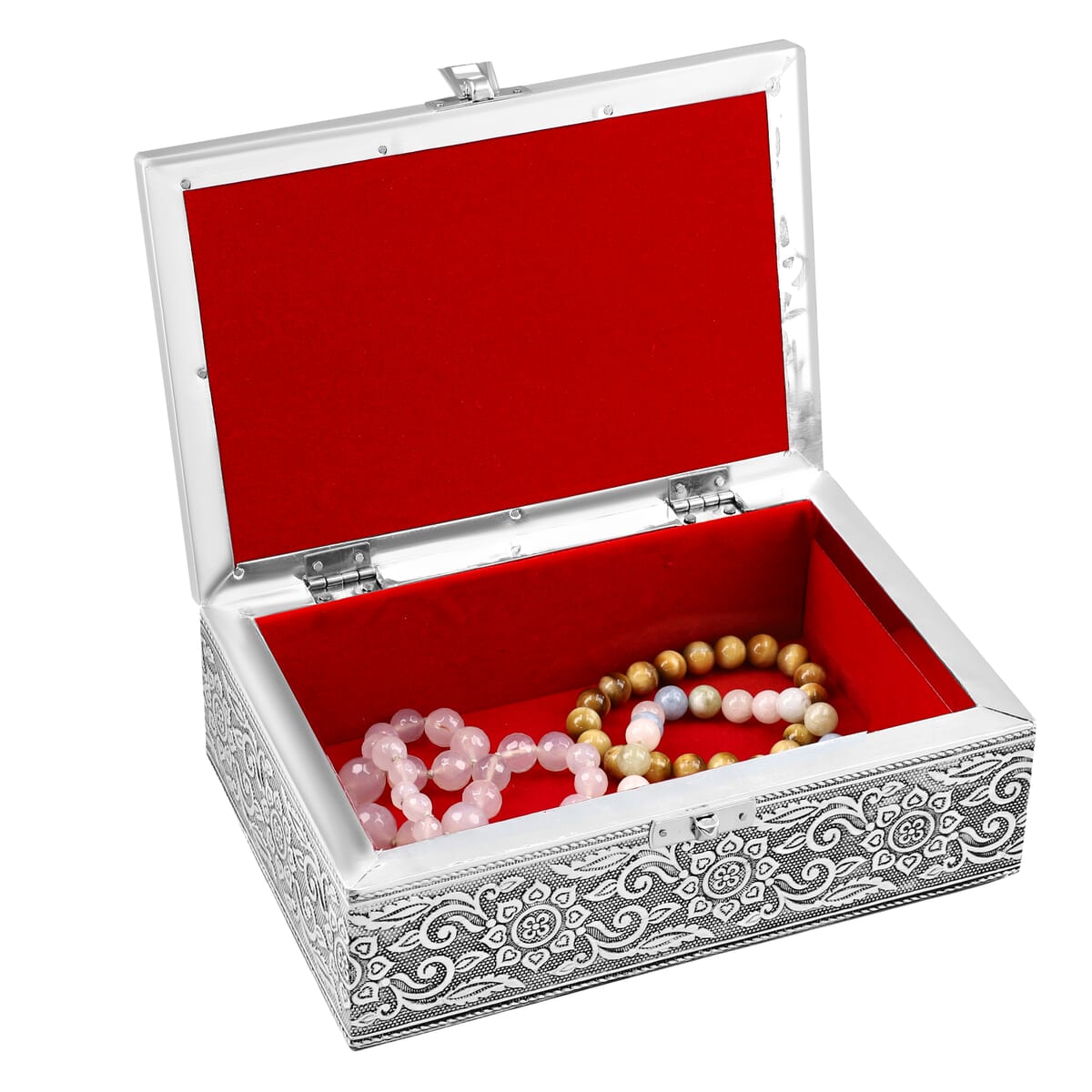  Set Of 2 Silver & White Nesting Storage Cross Embossed Aluminium Oxidized & Bling Box image number 6
