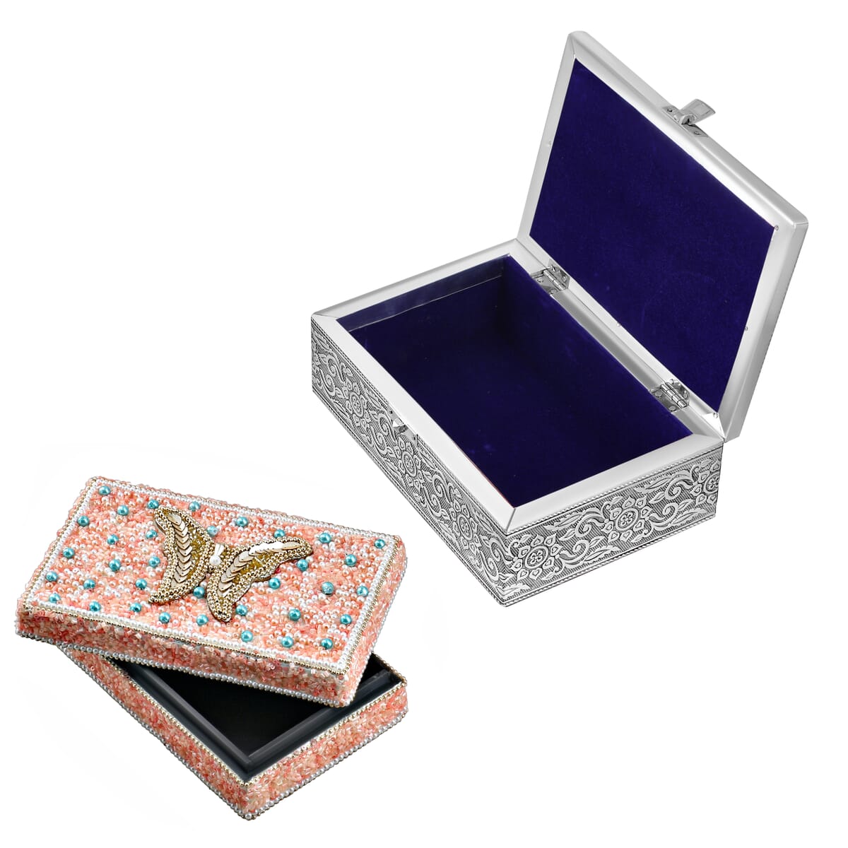  Set Of 2 Silver & Pink Nesting Storage Butterfly Embossed Aluminium Oxidized & Bling Box image number 0