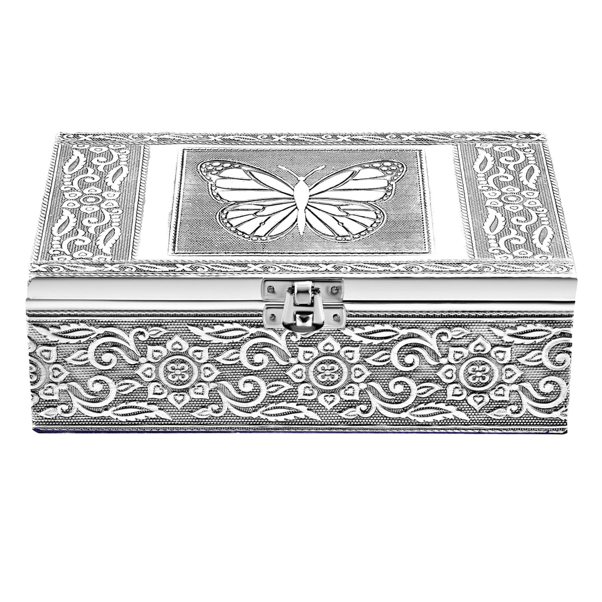  Set Of 2 Silver & Pink Nesting Storage Butterfly Embossed Aluminium Oxidized & Bling Box image number 1