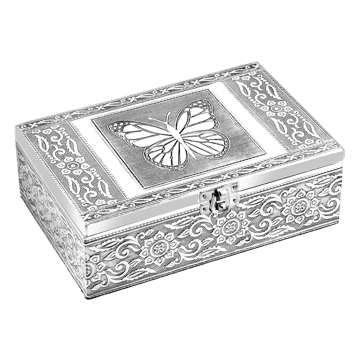  Set Of 2 Silver & Pink Nesting Storage Butterfly Embossed Aluminium Oxidized & Bling Box image number 2
