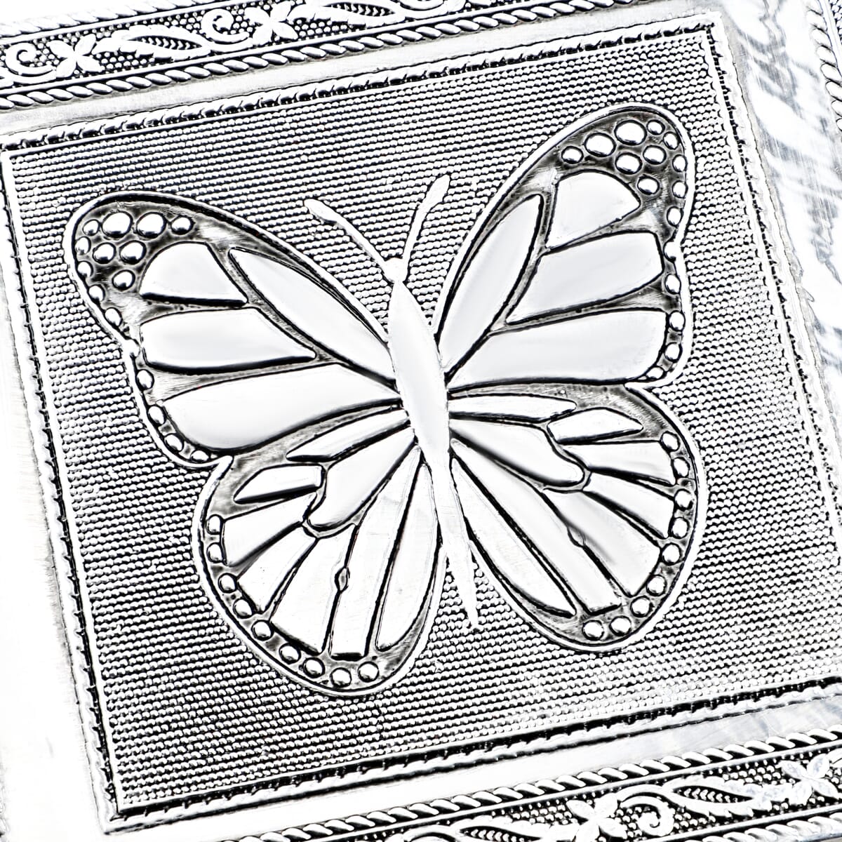  Set Of 2 Silver & Pink Nesting Storage Butterfly Embossed Aluminium Oxidized & Bling Box image number 3