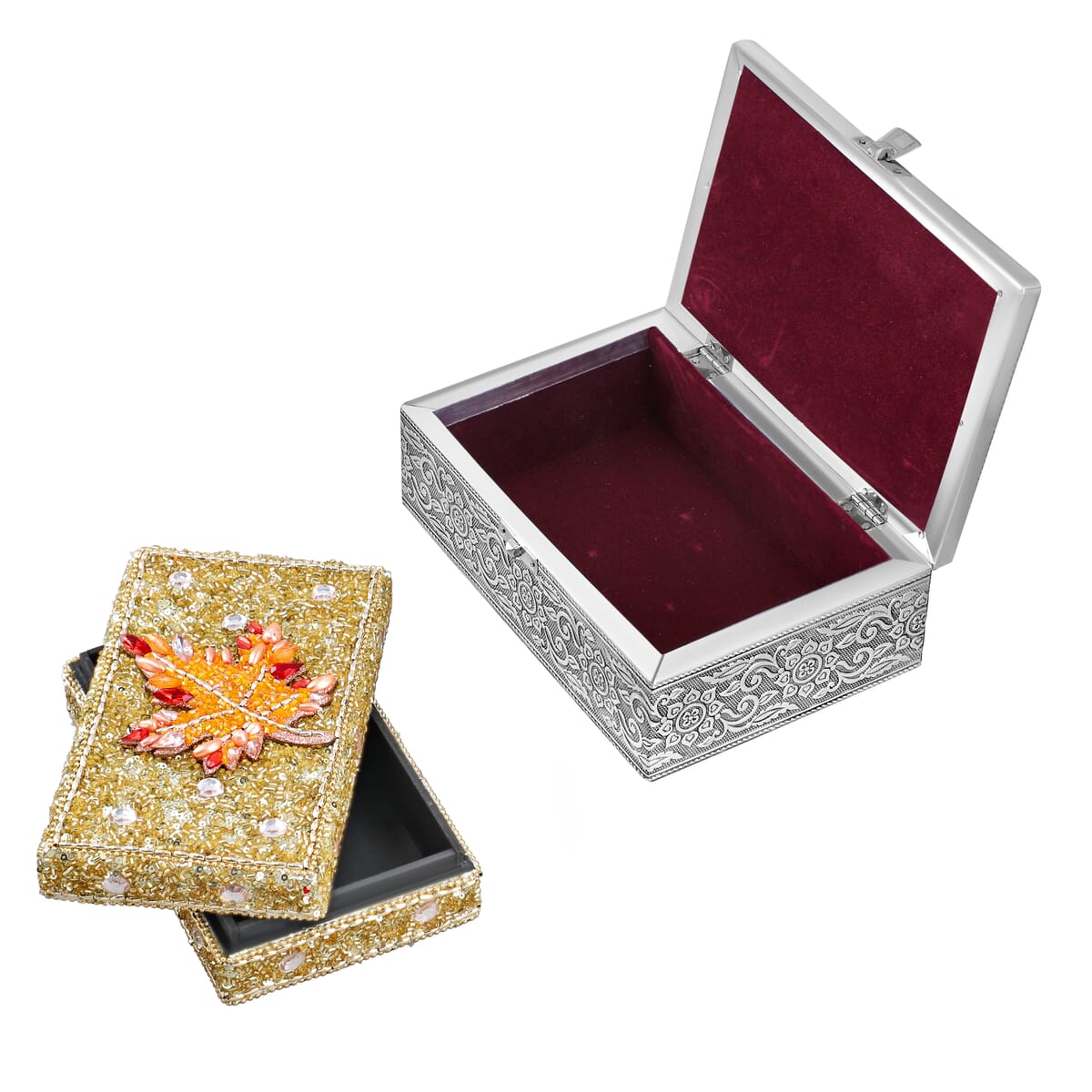  Set Of 2 Silver & Beige Nesting Storage Maple Embossed Aluminium Oxidized & Bling Box image number 0