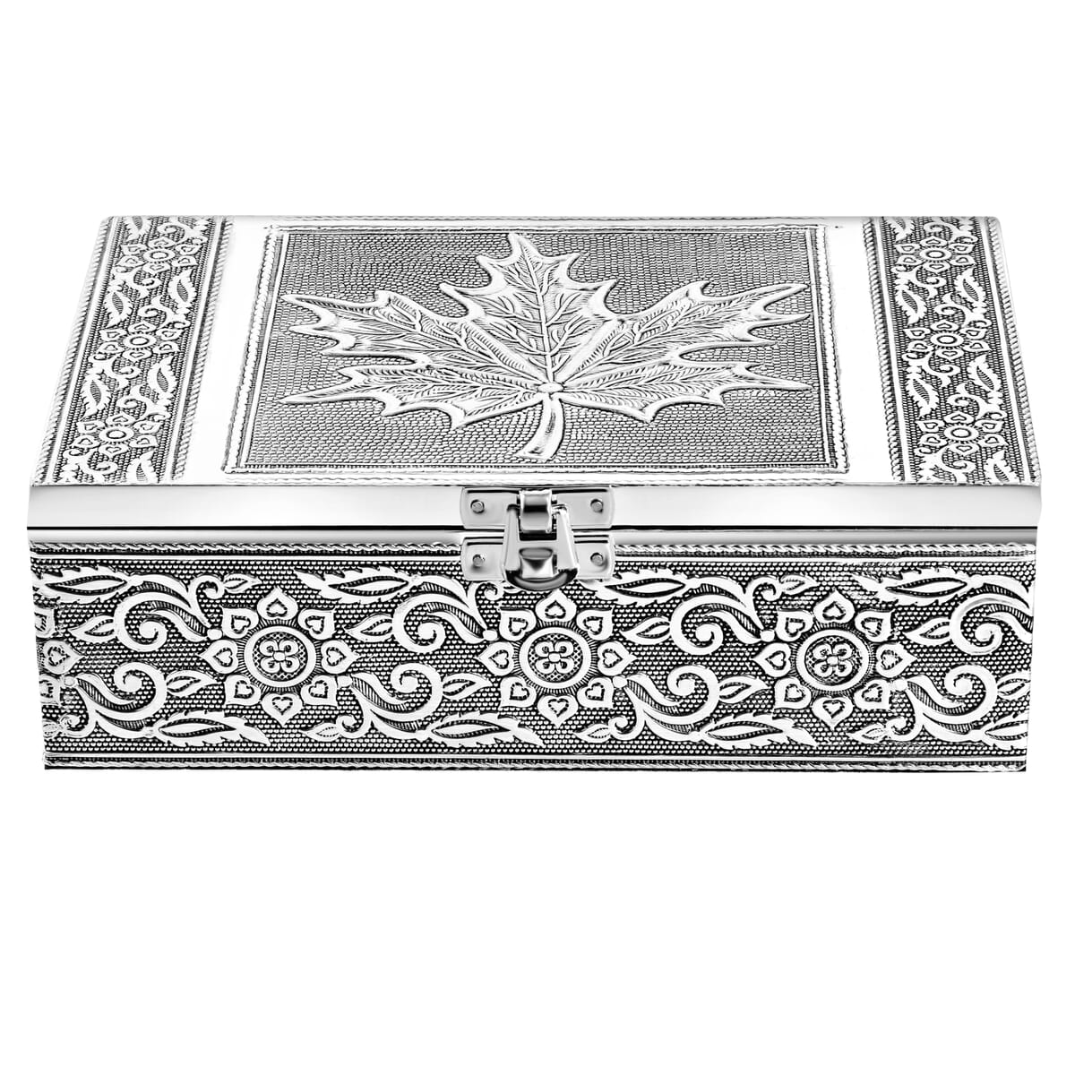  Set Of 2 Silver & Beige Nesting Storage Maple Embossed Aluminium Oxidized & Bling Box image number 1